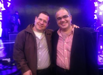 Ruby Namdar, right, with his editor, Haim Weiss, at the Sapir Prize award ceremony, Jan. 26, 2015, in Israel. (Carolyn Cohen)