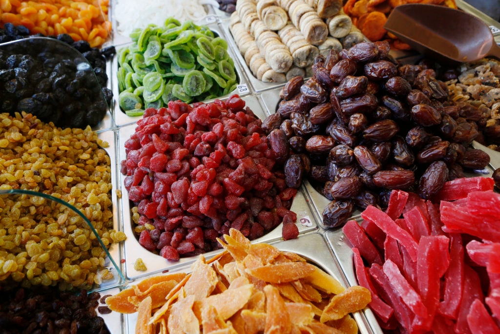 Dried fruits for sale at the Mahane Yehuda market in preparation for the Jewish holiday of Tu b'Shvat, Jerusalem, Jan. 20, 2013. (Miriam Alster/Flash90)