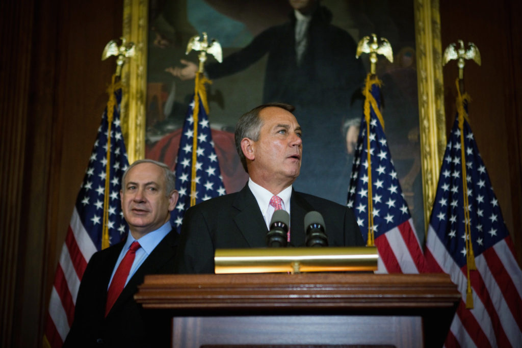 U.S. Speaker of the House Rep. John Boehner (R-OH) (C) speaks as Israeli Prime Minister Benjamin Netanyahu listens at a press conference during a meeting in the U.S. Capitol building March 6, 2012 in Washington. (Allison Shelley/Getty Images)