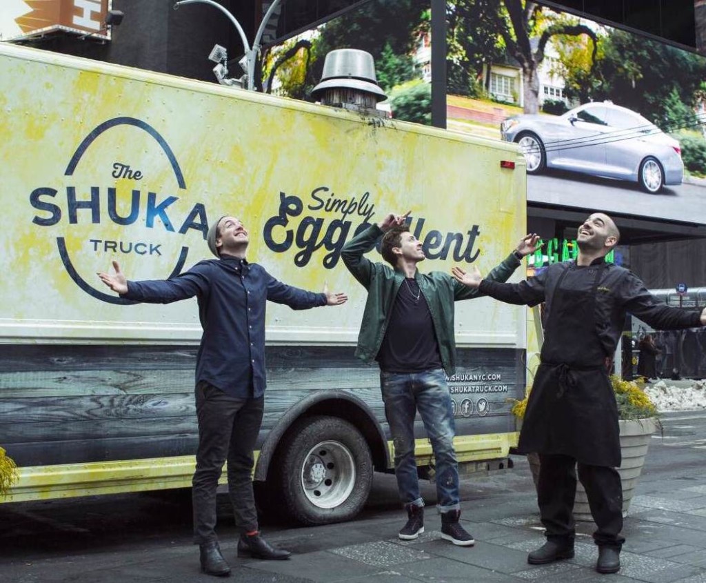 Josh Sharon, Solomon Taraboulsi and Gabriel Israel with The Shuka Truck in Midtown Manhattan. (Courtesy of The Shuka Truck)