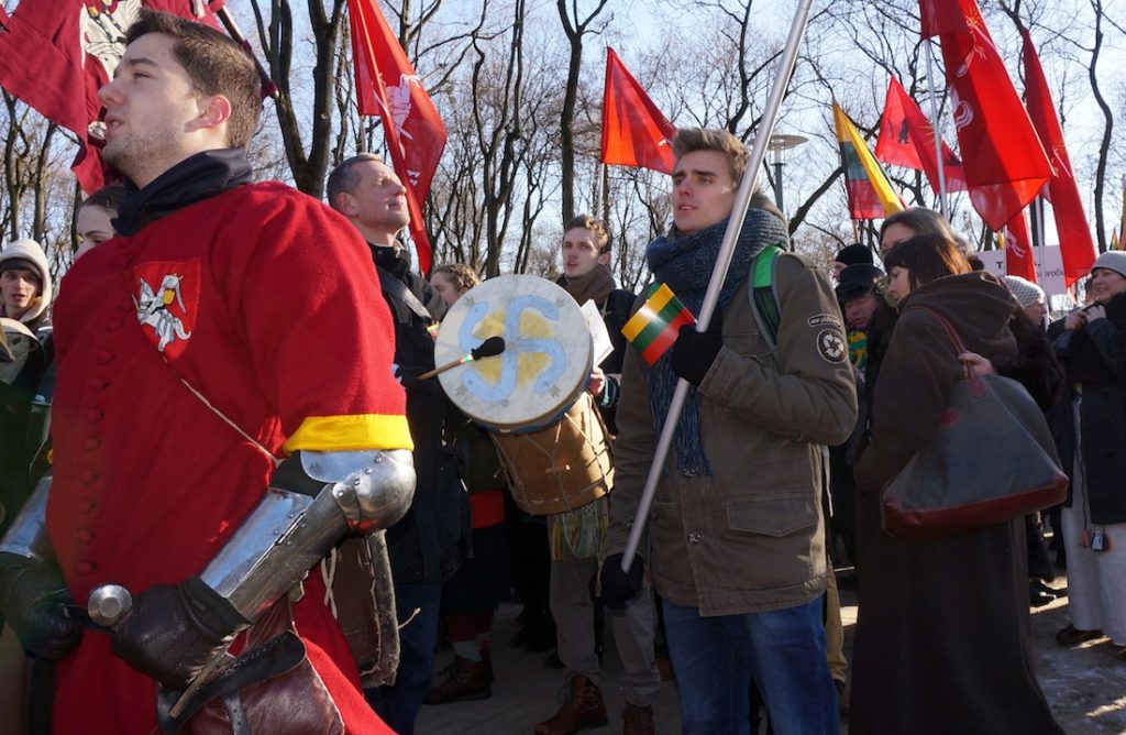 Lithuanian ultra-nationalists marching in Kaunas, Lithuania, Feb. 16, 2015. (Cnaan Liphshiz)