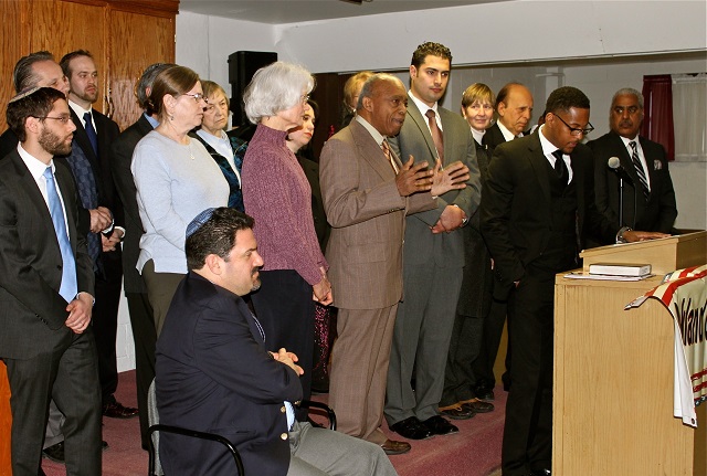 Non-Orthodox rabbis were among those at a news conference of Rockland Clergy for Social Justice calling for more state control over the controversial East Ramapo school board, Feb. 18, 2015. (Katrina Hertzberg)