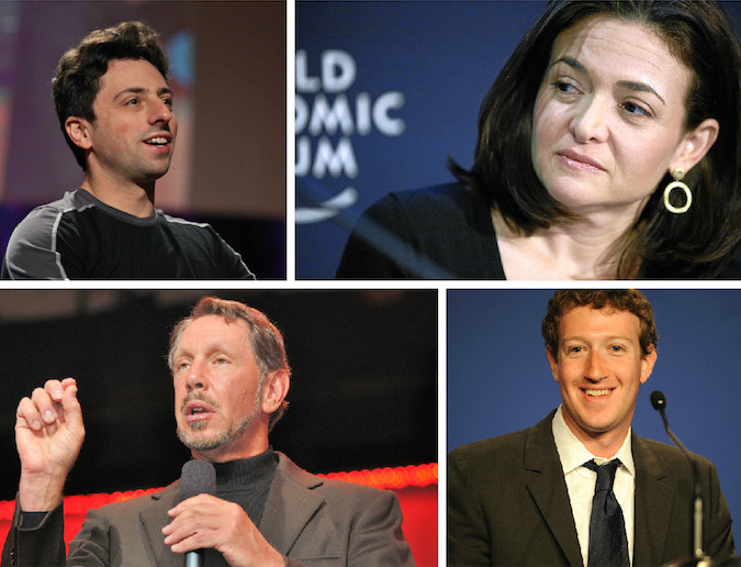 Forbes' annual list of billionaires features several new and familiar Jewish faces. Clockwise from top left: Sergey Brin, Sheryl Sandberg, Larry Ellison, Mark Zuckerberg. (Wikimedia Commons)