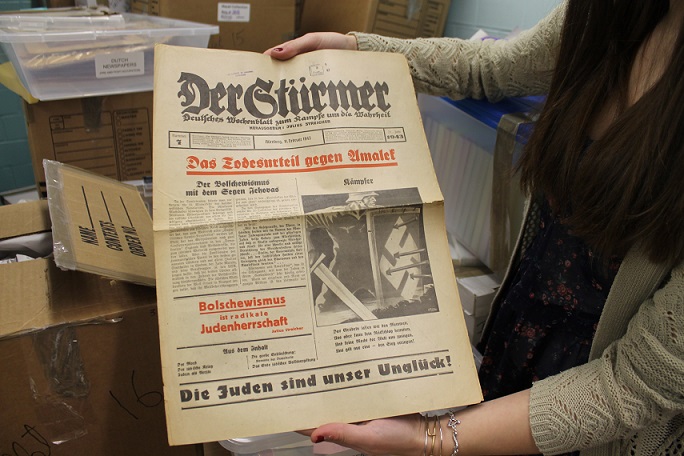   A copy of the Nazi weekly Der Sturmer from February 1943, with a headline at bottom left reading "Bolshevism is radical Jewish domination." The newspaper is part of the Mazal Holocaust Collection at the University of Colorado-Boulder. (Uriel Heilman)