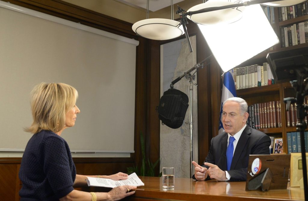 Israeli Prime Minister Benjamin Netanyahu reaffirming his support for a two-state solution in an interview March 19, 2015. (Amos Ben Gershom/GPO)