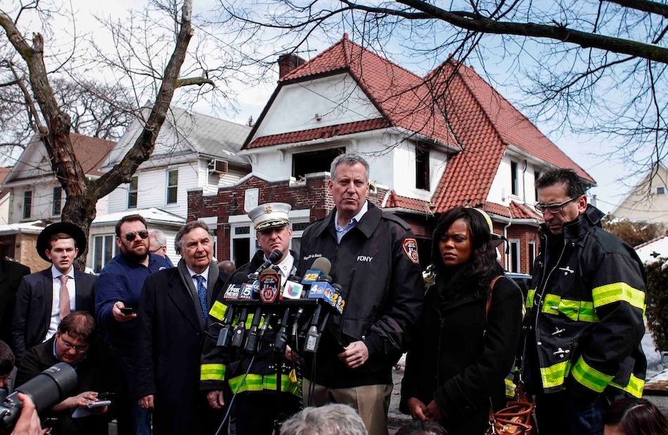 New York CIty Mayor Bill de Blasio at a news conference outside the Brooklyn home where seven children were killed overnight Friday, March 21, 2015. (Kena Betancur/Getty Images)