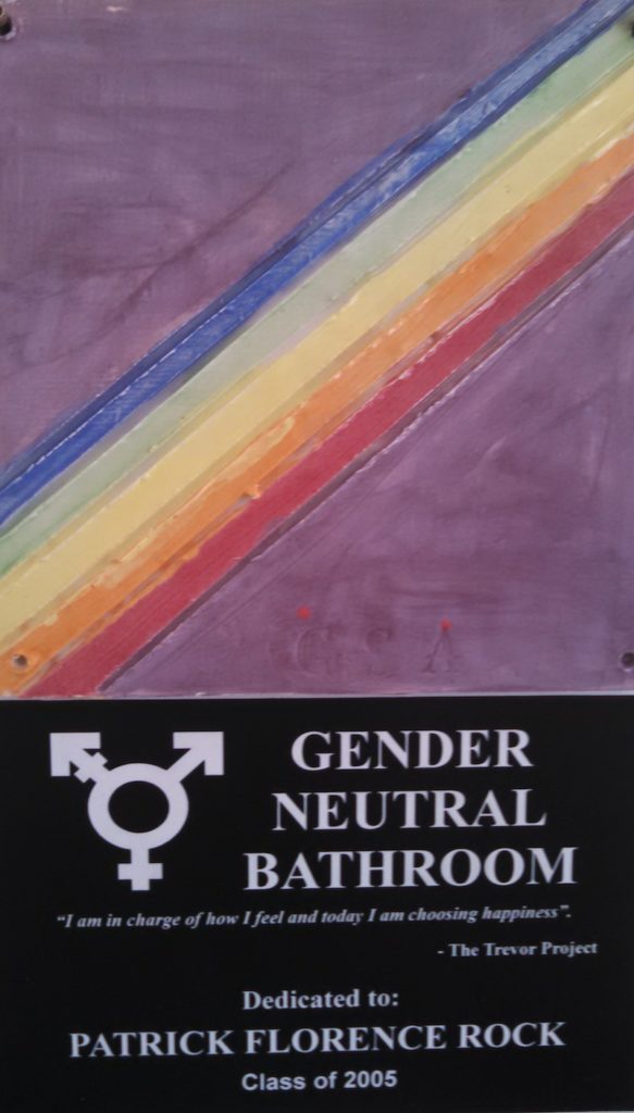 A plaque identifying the new gender-neutral bathroom at Jack M. Barrack Hebrew Academy near Philadelphia.