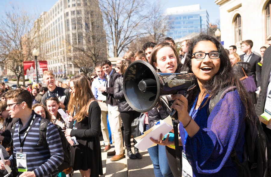 J Street U students participating in a protest against Hillel International on the sidelines of the J Street conference in Washington, March 23, 2015. (Moshe Zusman)