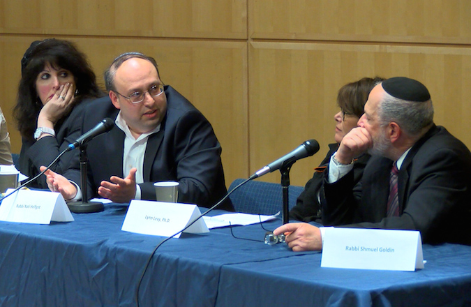 From left: Naomi Mark, Community Psychotherapist; Rabbi Nathaniel Helfgot, chair of the Department of Talmud at SAR High School; Lynn Levy, Yeshiva University Professor; Rabbi Shmuel Goldin, Honorary President of the RCA. (Courtesy of JQY)