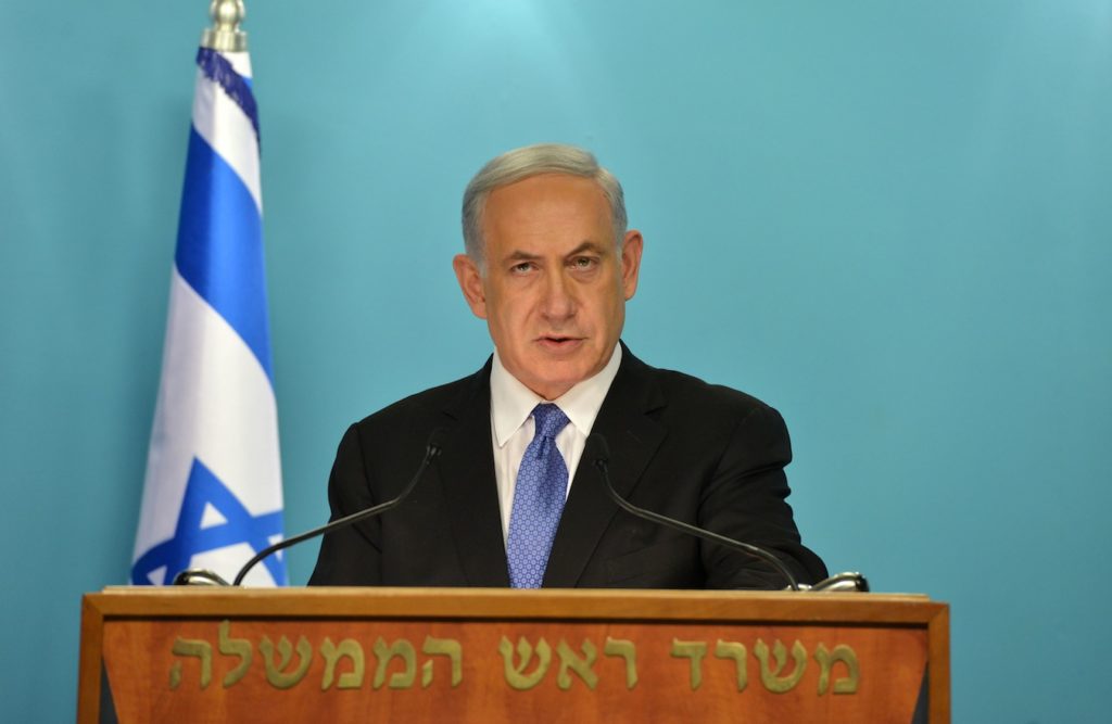 Israeli Prime Minister Benjamin Netanyahu speaking after the announcement of a framework agreement between Iran and world powers, April 3, 2015. (Kobi Gideon/GPO)