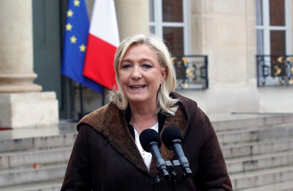 National Front leader Marine Le Pen talking to reporters after a meeting with French President Francois Hollande, January 9, 2015. (Thierry Chesnot/Getty Images)