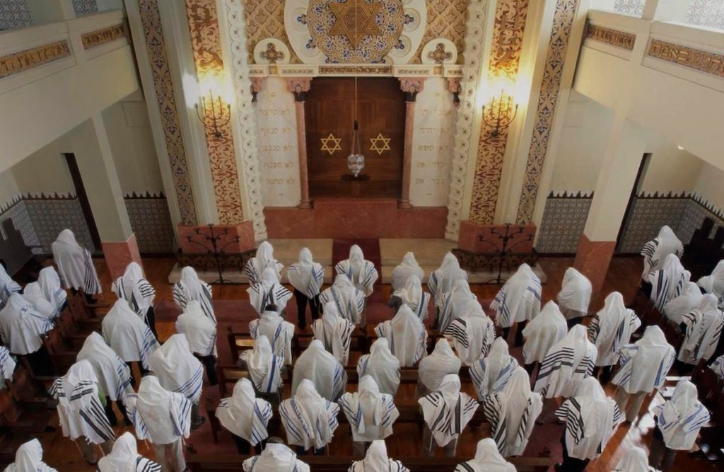 Congregants praying at the Kadoorie synagogue in Porto, Portugal, May, 2014. (Courtesy of the Jewish community of Porto.)