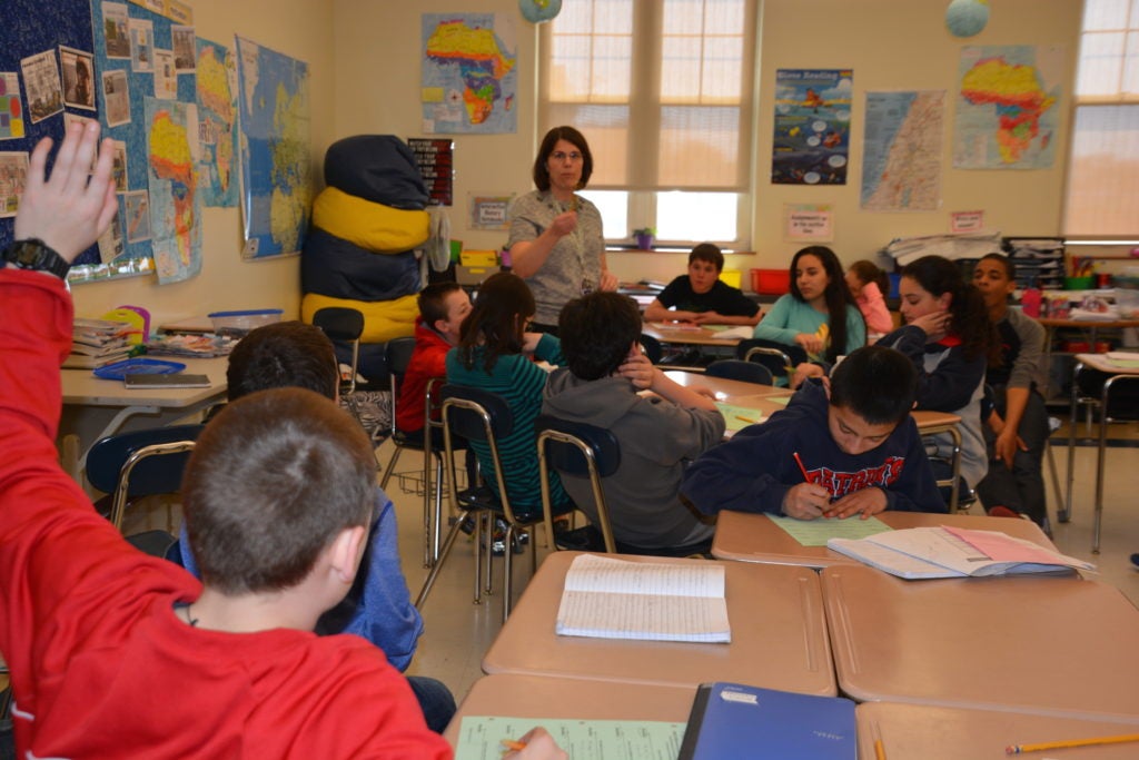 Tracy Sockalosky leads a class discussion with her seventh graders at Wilson Middle School in Natick, Mass. (Courtesy of Tracy Sockalosky)