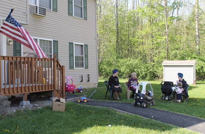 Twelve Hasidic families live in the Hickory Street apartments, where Hasidic women gather in the late afternoons to chitchat. (Uriel Heilman)