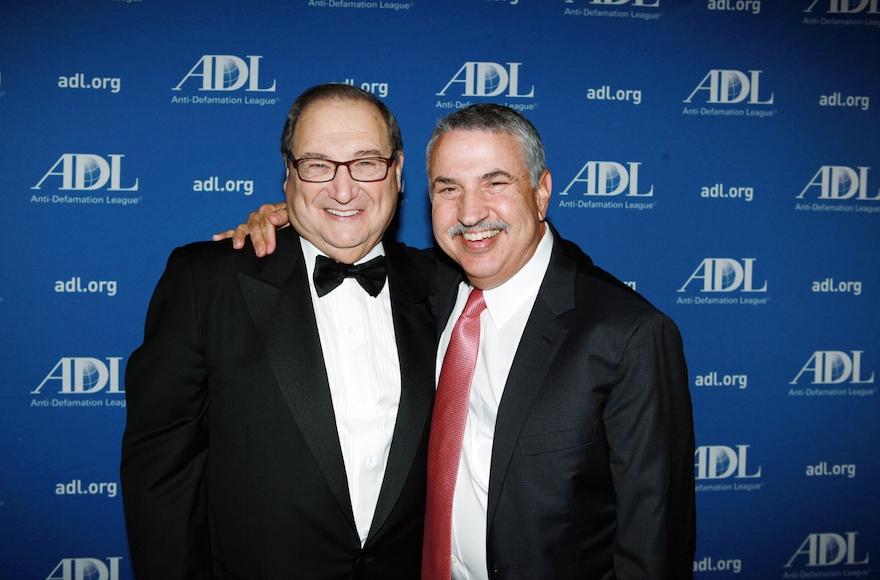 ADL National Director Abe Foxman (left) with writer Thomas Friedman in New York on June 17, 2015. (David Karp)