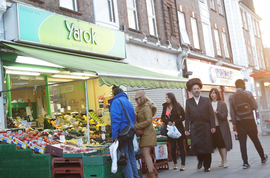 A market in the heavily Jewish neighborhood of Golders Green, London, on June 19, 2015. (Cnaan Liphshiz)