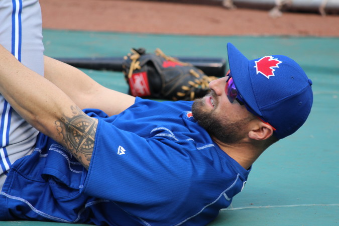 Toronto Blue Jays' outfielder Kevin Pillar showing the nautical compass tattoo tribute to his grandfather. (Hillel Kuttler)