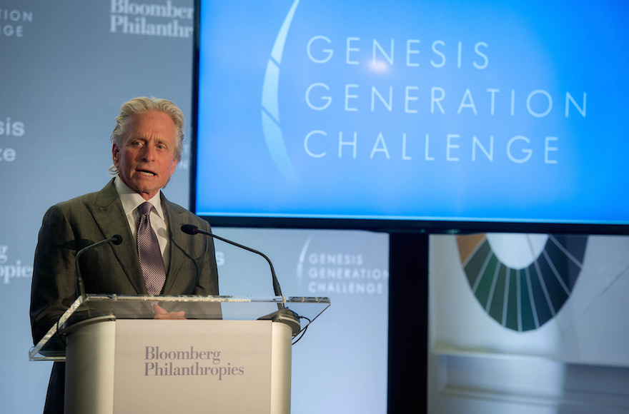 Michael Douglas speaking at the announcement of the Genesis Generation Challenge winners at the Bloomberg Philanthropies headquarters in New York City on April 28, 2015. (Flickr)