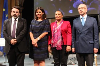 Consistoire President Joel Mergui, left, with Paris Mayor Anne Hidalgo, French Justice Minister Christiane Taubira and Interior Minister Bernard Cazeneuve at a gala dinner held at Hotel de Ville, Paris, on June 29, 2015. (Alain Azria)