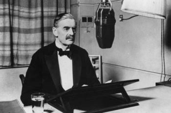 British Prime Minister Neville Chamberlain in a BBC studio announcing the declaration of war, Sept. 3, 1939.  (Fox Photos/Getty Images)