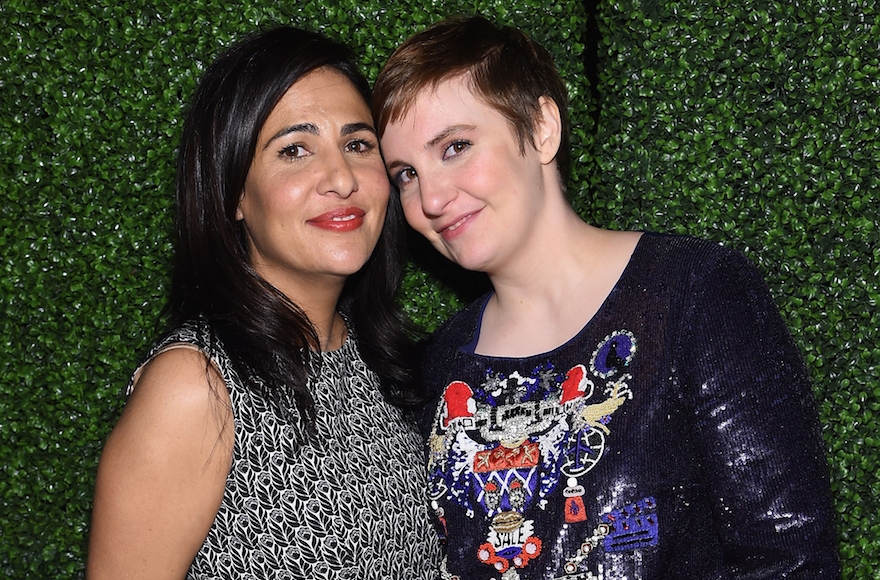 Producer Jenni Konner, left, and writer Lena Dunham at an event in New York on April 24, 2015. (Jamie McCarthy/Getty Images)