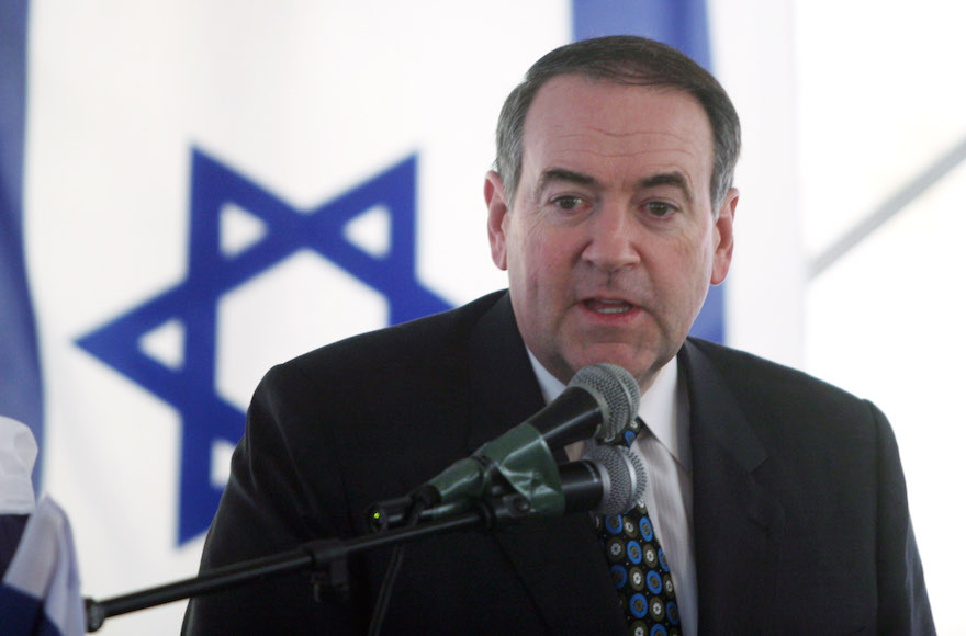 Former Arkansas Gov. and Republican presidential candidate Mike Huckabee speaking during a corner stone dedication ceremony for a new Jewish settlement in eastern Jerusalem on January 31, 2011. (Lior Mizrahi/Getty Images)