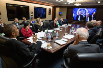 President Barack Obama discussing P5+1 negotiations with Iran from the White House Situation Room through a teleconference with Secretary of State John Kerry on March 31, 2015. (Pete Souza/Flickr)