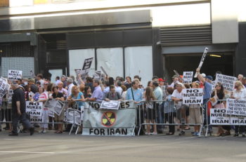 Thousands of protestors gathered in Times Square to protest the Iran nuclear deal, which is under review by Congress. (Gabe Friedman/JTA)