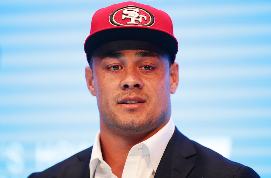 Jarryd Hayne speaking at a press conference at the Telstra Amphitheatre in Sydney, Australia March 3, 2015. (Matt King/Getty Images)