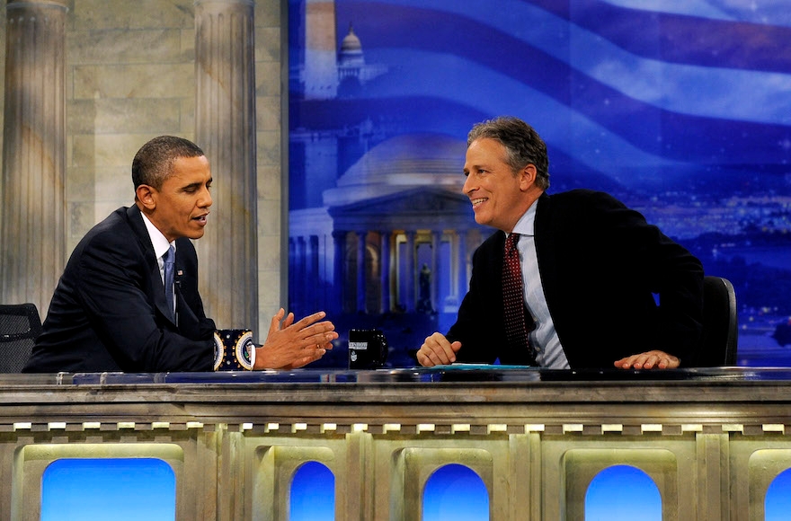 President Barack Obama talking with Jon Stewart on the 