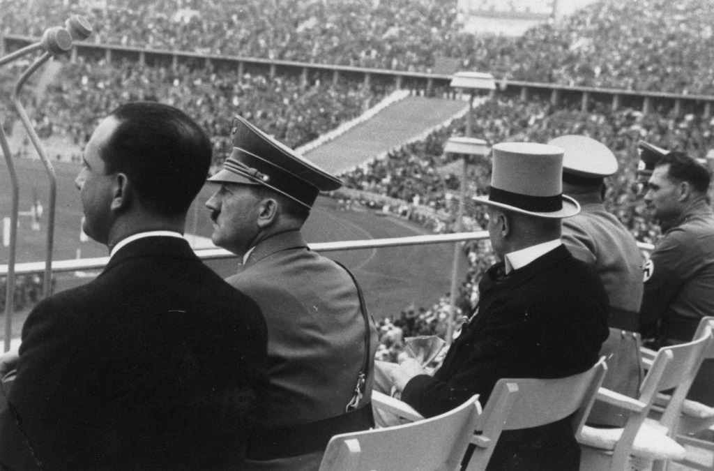 Adolf Hitler watching the Olympic Games in Berlin with the Italian Crown Prince, August, 1936. (Fox Photos/Getty Images)