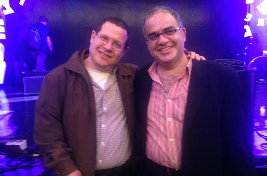 Rueven Namdar, right, with his editor, Haim Weiss, at the Sapir Prize award ceremony, Jan. 26, 2015, in Israel. (Carolyn Cohen)
