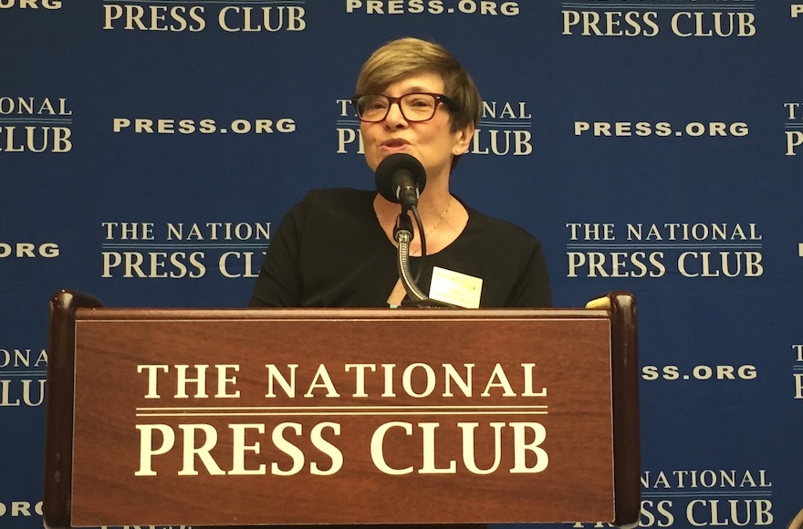 Rabbi Barbara Aiello, speaking at the National Press Club in Washington, D.C. on August 13, 2015. (Menachem Wecker)