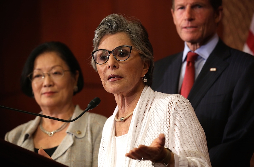 Sen. Barbara Boxer, D. Cal., speaking as Sen. Richard Blumenthal, D-Conn., right, listens during a news conference on Aug. 3, 2015, in Washington, D.C. (Alex Wong/Getty Images)