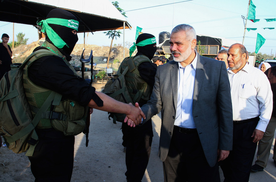 Senior Hamas leader Ismail Haniyeh arrives at the Liberation Youths summer camp, organized by the Hamas movement, in Rafah in the southern Gaza Strip, August 1, 2015. (Abed Rahim Khatib/Flash90)