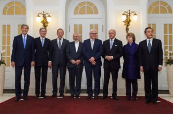 Foreign ministers from the P5+1 nations, the European Union, and Iran, from left: John Kerry of the United States, Philip Hammond of the United Kingdom, Sergey Lavrov of Russia, Javad Zarif of Iran, Frank-Walter Steinmeier of Germany, Laurent Fabius of France, Baroness Catherine Ashton of the EU, and Wang Yi of China in Vienna, Austria, on November 24, 2014. (Wikimedia Commons)