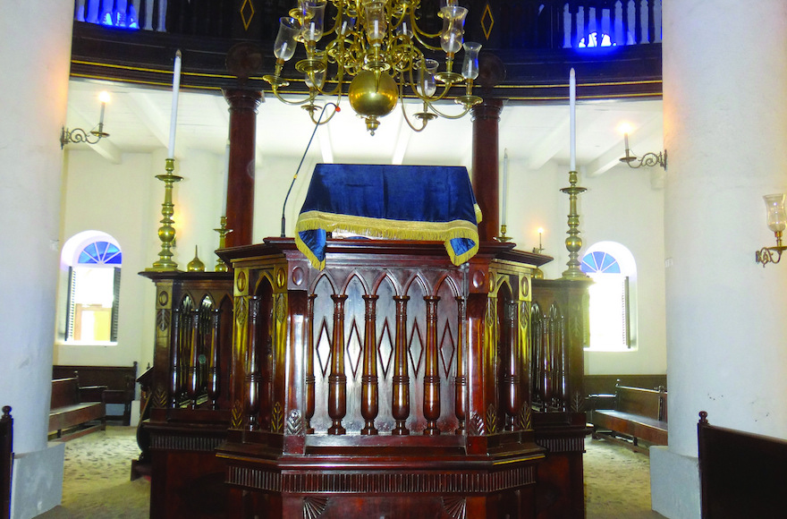 The pulpit on the sand floor of the Mikve Israel-Emanuel synagogue in Willemstad, Curacao, in 2015. (Melissa Apter/Washington Jewish Week)