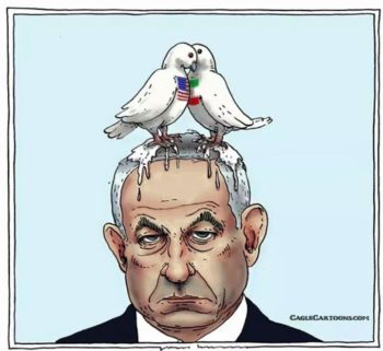 The cartoon displayed Thursday by the Swiss ambassador to Iran. (via Ynet)