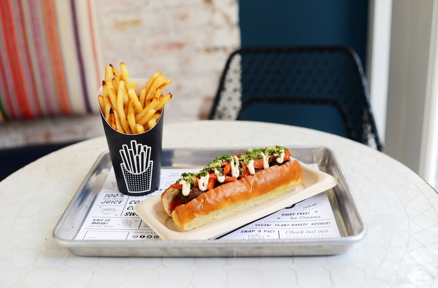 A pesto "meatball" sandwich with a side of air-baked french fries. (Courtesy Chloe Coscarelli)