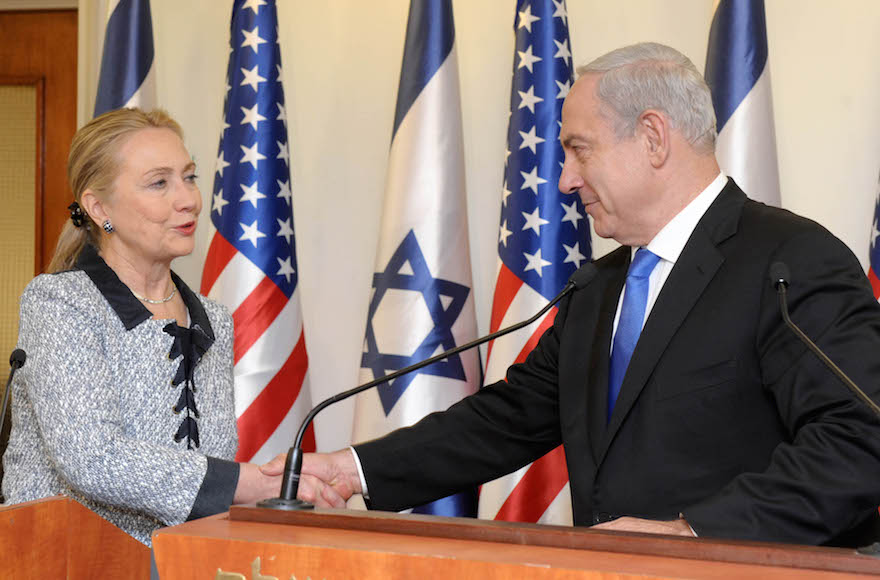 Then Secretary of State Hillary Clinton meeting with Israeli Prime Minister Benjamin Netanyahu at the prime minister's office in Jerusalem, Israel on November 20, 2012. (Avi Ohayon/GPO via Getty Images)