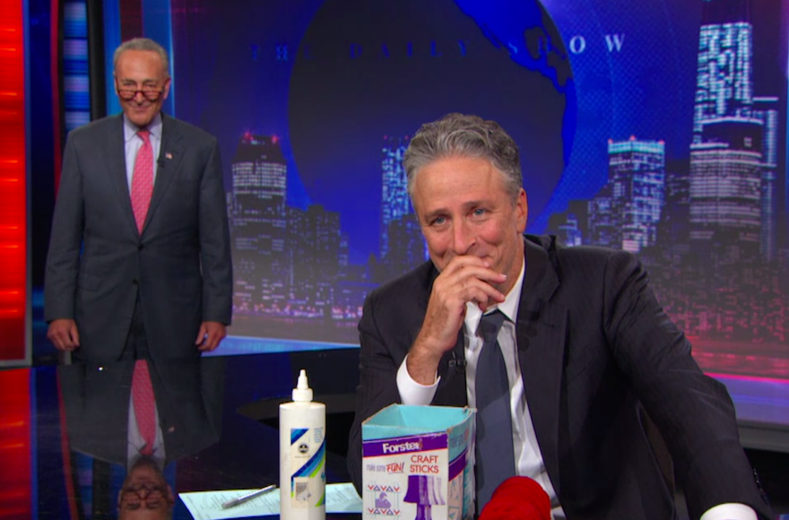 Chuck Schumer made a surprise appearance on "The Daily Show" as Jon Stewart looked back at his Jewish moments as host on July 23, 2015. (Daily Show screenshot)