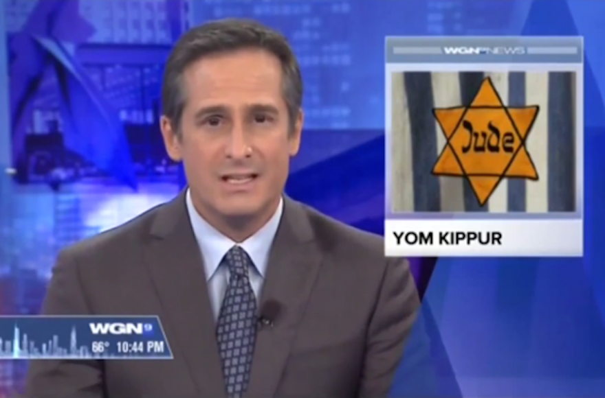 A WGN-TV anchor reporting the start of Yom Kippur in Chicago, Illinois, Sept. 22, 2015.