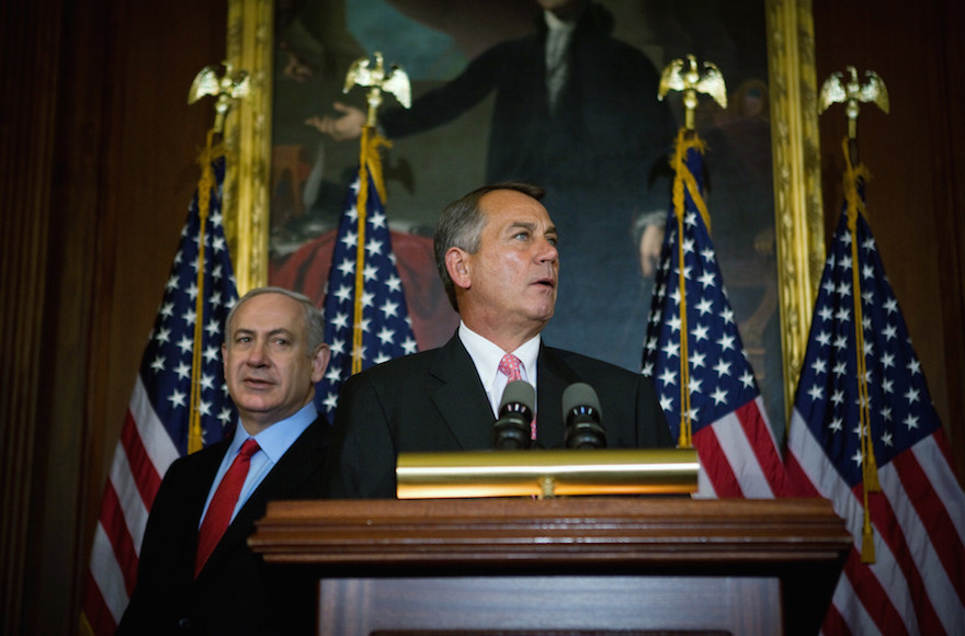U.S. Speaker of the House Rep. John Boehner, R-Ohio, addressing the press as Israeli Prime Minister Benjamin Netanyahu looks on during a meeting in the U.S. Capitol building March 6, 2012, in Washington, D.C. (Allison Shelley/Getty Images)