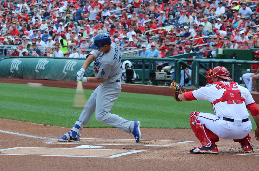 Joc Pederson taking a swing against the Washington Nationals, Aug. 12, 2015. (Hillel Kuttler)