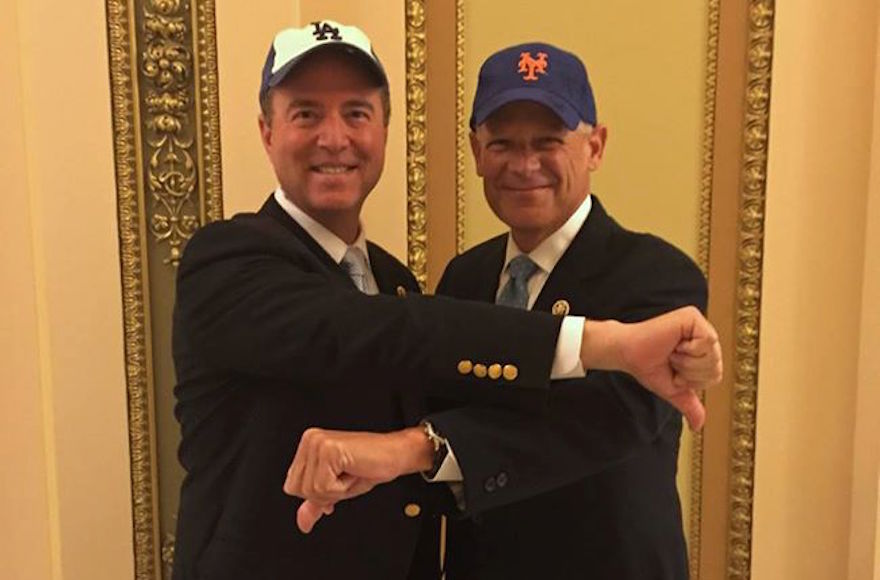 Rep. Adam Schiff, D-Calif, left, and Rep. Steve Israel, D-N.Y., right, posing in Congress to announce their bet on the outcome of the Mets-Dodgers division series, Oct. 1, 2015. (Adam Schiff's Facebook page)