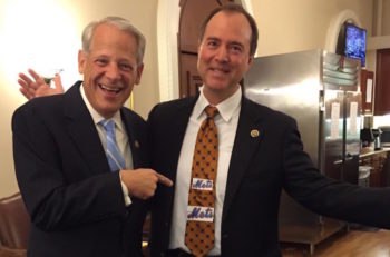 Rep. Adam Schiff, D-Calif., right, wearing a Mets tie, much to the pleasure of Rep. Steve Israel, D-N.Y.