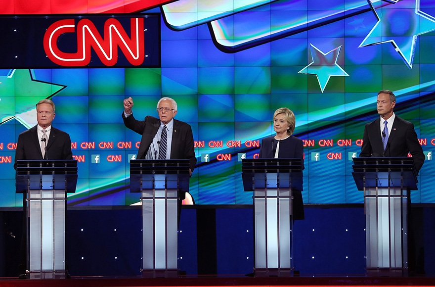 Democratic presidential candidates Jim Webb, Sen. Bernie Sanders (I-VT), Hillary Clinton and Martin O'Malley take part in presidential debate sponsored by CNN and Facebook at Wynn Las Vegas on October 13, 2015 in Las Vegas, Nevada. (Joe Raedle/Getty Images)