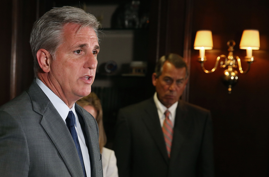 House Majority Leader Kevin McCarthy (R-CA), left, speaks while flanked by House Speaker John Boehner at GOP headquarters on Capitol Hill, July 22, 2015. (Mark Wilson/Getty Images)