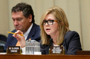 Rep. Marsha Blackburn, R-Tenn, posing questions to executives from Honda, BMW, Toyota and Takata Corp. of Japan, during a hearing about ruptures and recalls of defective air bags made by Takata and installed on cars driven in the U.S., Wednesday, Dec. 3, 2014. (Scott Applewhite/AP Images)
