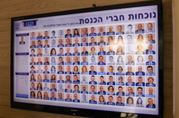 The attendance board at the entrance to the Knesset in Jerusalem, Dec. 16, 2015. (Dmitry Spicheko)